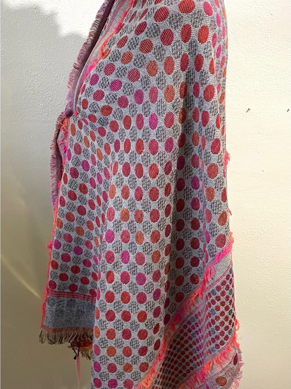 Mi Princena Ines NWT Gray Pink Polka Dot Woven Shawl Wrap Fringe Wool Scarf